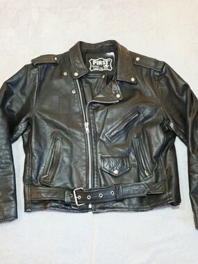 First Genuine Leather Biker Jacket Mens Sz 46 Belted Moto Punk Rocker